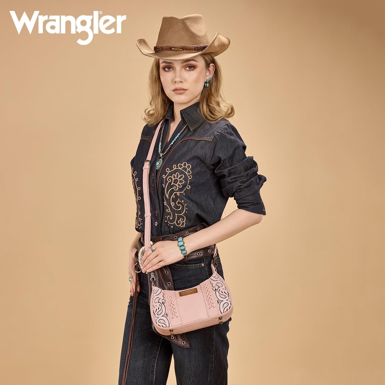 image:imageWrangler Shoulder Bag for Women Western Desert Paisley Purse Floral Embroidered Underarm Handbag with BandanaPink