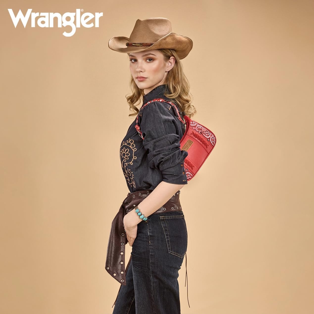 image:imageWrangler Shoulder Bag for Women Western Desert Paisley Purse Floral Embroidered Underarm Handbag with BandanaRed