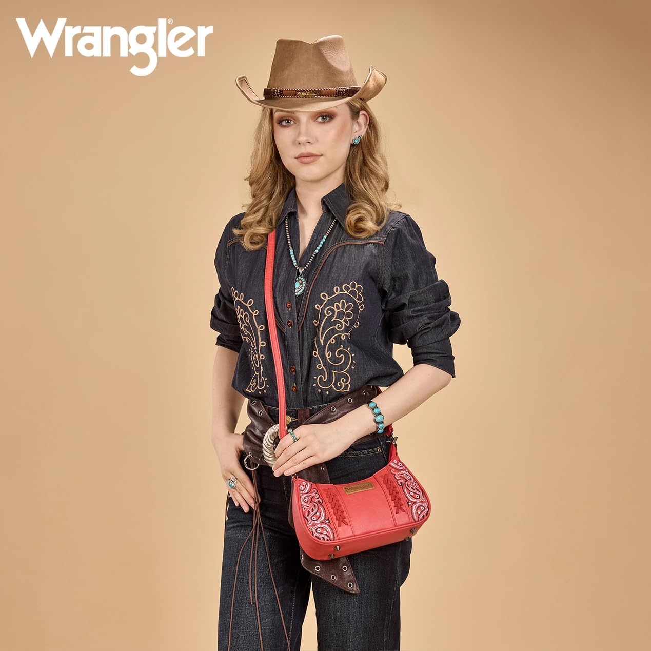 image:imageWrangler Shoulder Bag for Women Western Desert Paisley Purse Floral Embroidered Underarm Handbag with BandanaRed