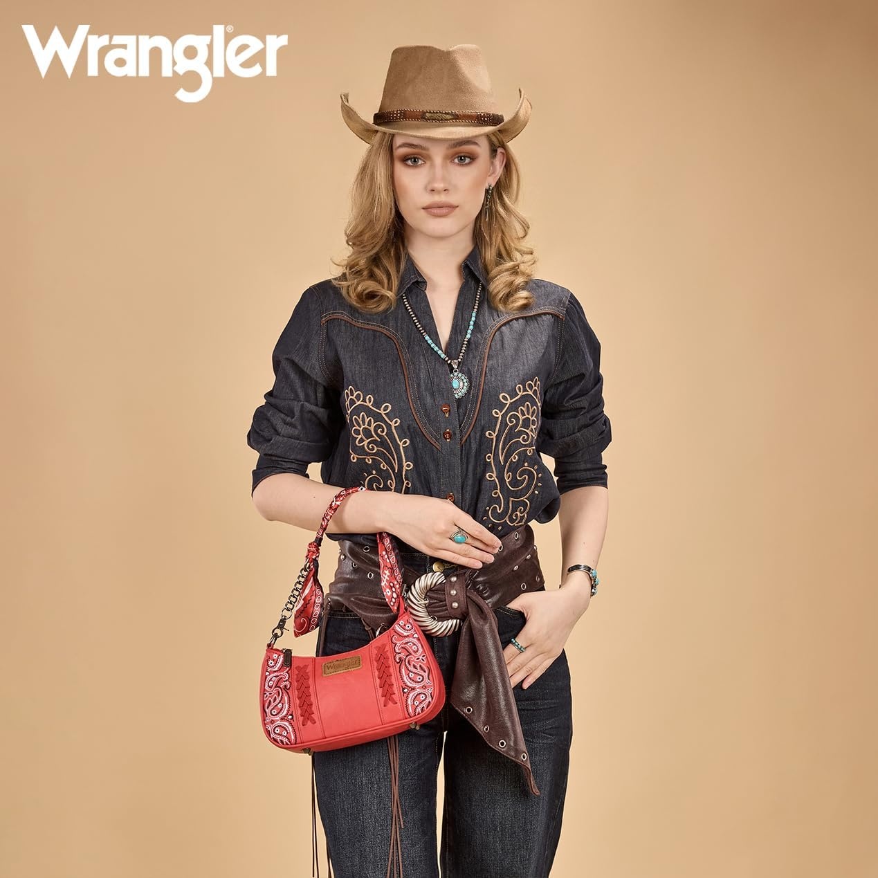 image:imageWrangler Shoulder Bag for Women Western Desert Paisley Purse Floral Embroidered Underarm Handbag with BandanaRed