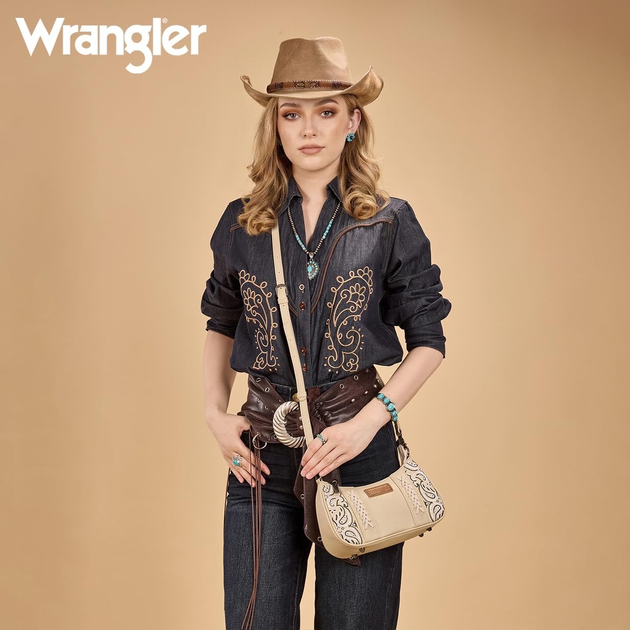 image:imageWrangler Shoulder Bag for Women Western Desert Paisley Purse Floral Embroidered Underarm Handbag with BandanaTan