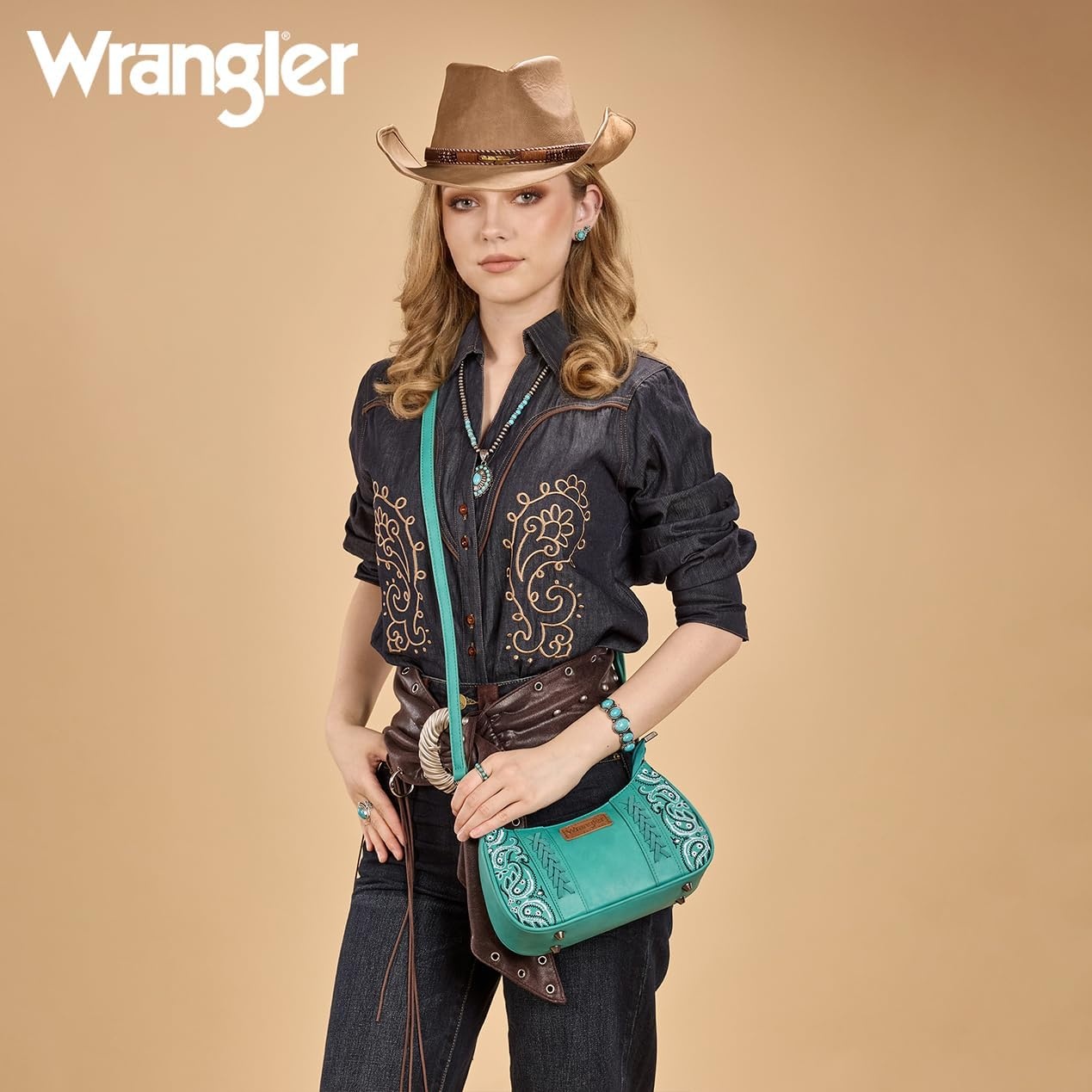 image:imageWrangler Shoulder Bag for Women Western Desert Paisley Purse Floral Embroidered Underarm Handbag with BandanaTurquoise