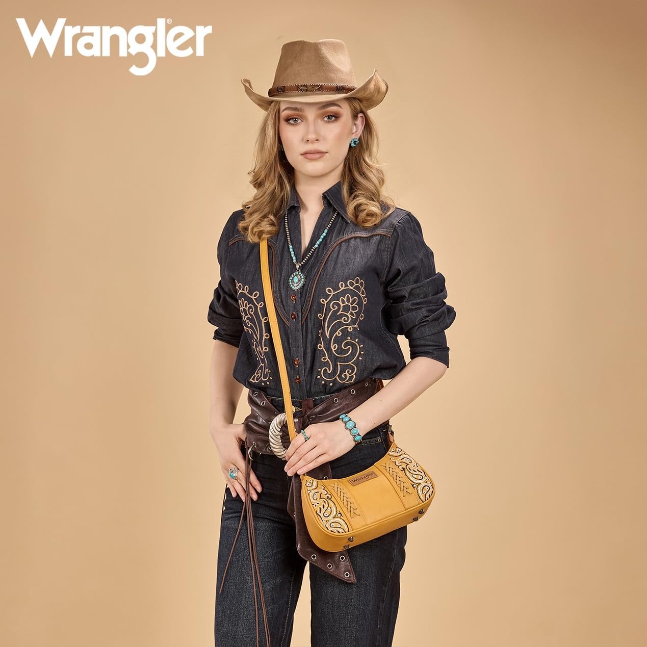 image:imageWrangler Shoulder Bag for Women Western Desert Paisley Purse Floral Embroidered Underarm Handbag with BandanaYellow
