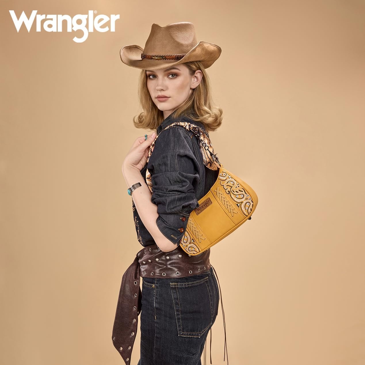image:imageWrangler Shoulder Bag for Women Western Desert Paisley Purse Floral Embroidered Underarm Handbag with BandanaYellow