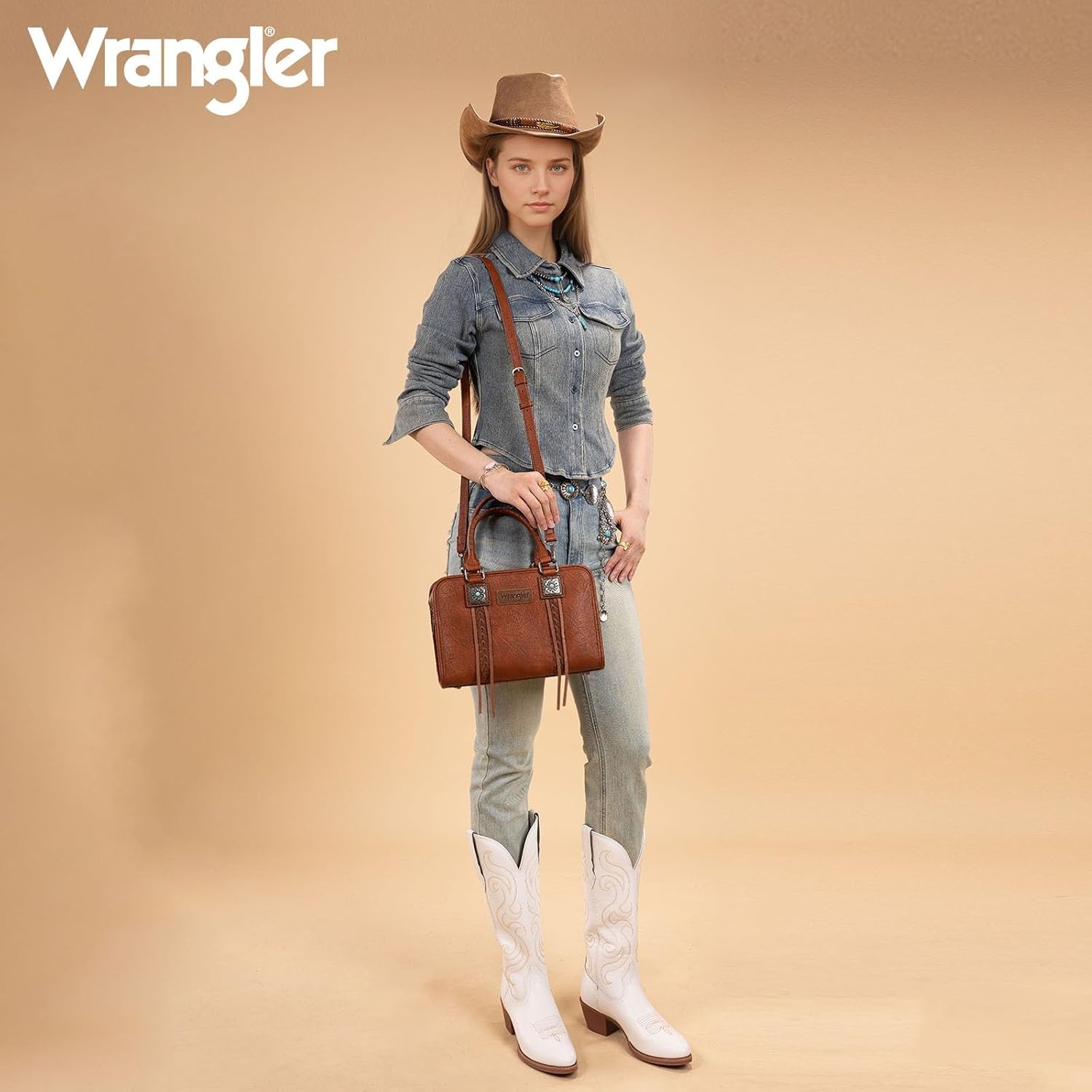 image:imageWrangler Tote Bag for Women Crossbody Purse Fringe Western Purse Vintage Top Handle HandbagsBrown