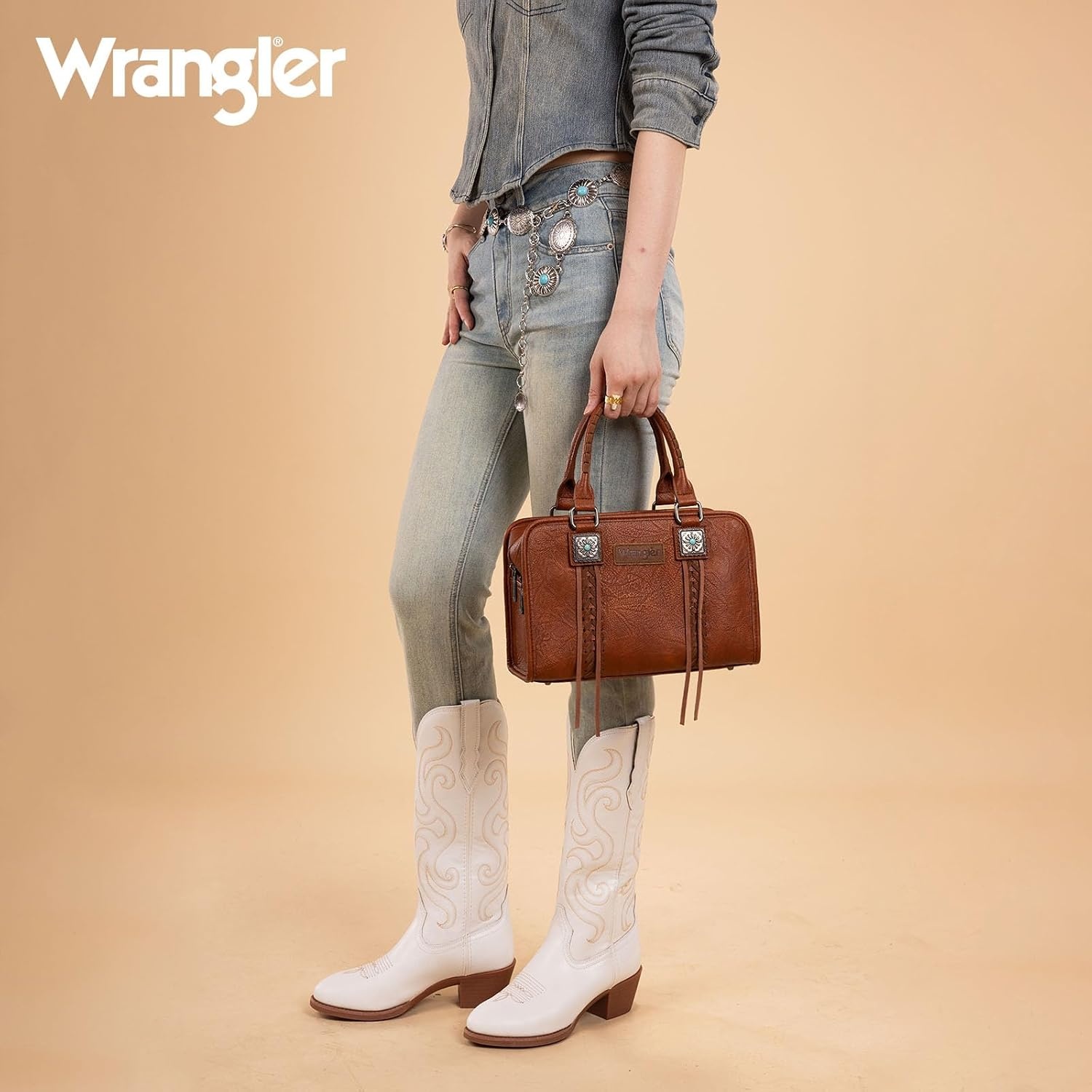 image:imageWrangler Tote Bag for Women Crossbody Purse Fringe Western Purse Vintage Top Handle HandbagsBrown