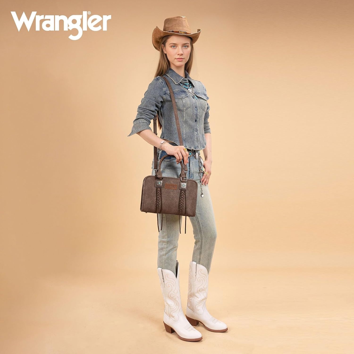 image:imageWrangler Tote Bag for Women Crossbody Purse Fringe Western Purse Vintage Top Handle HandbagsCoffee
