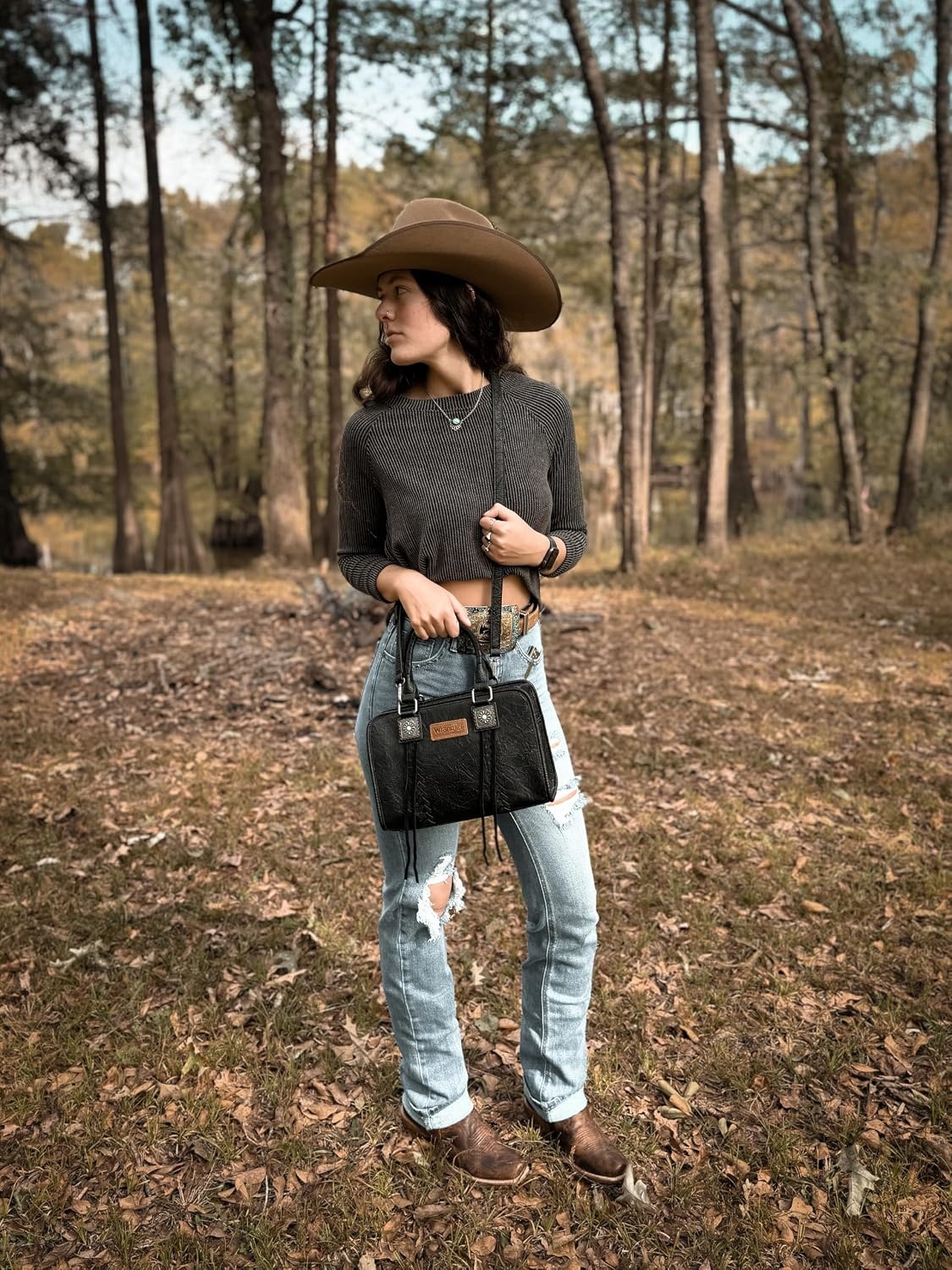 image:imageWrangler Tote Bag for Women Crossbody Purse Fringe Western Purse Vintage Top Handle HandbagsJet Black
