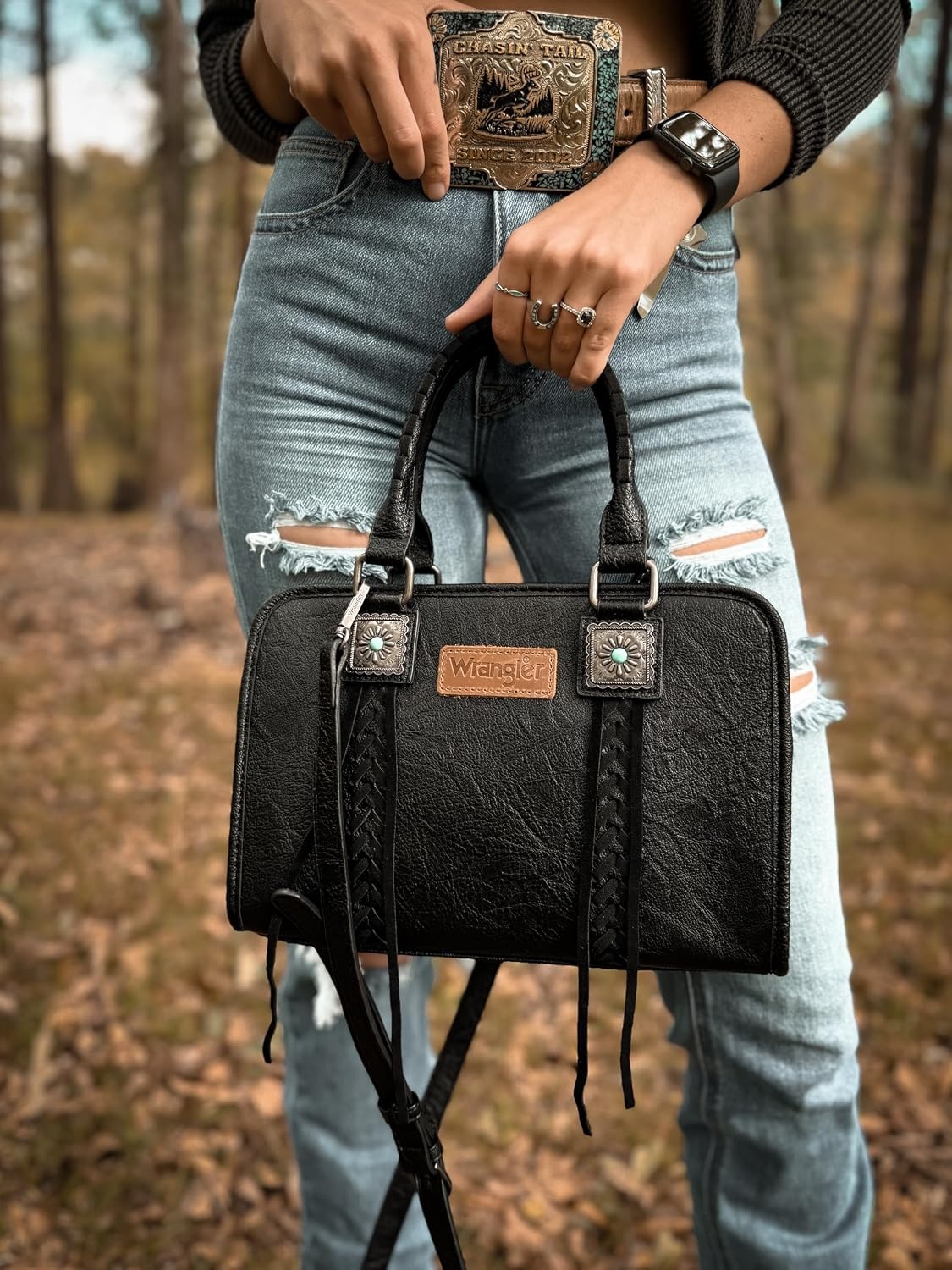 image:imageWrangler Tote Bag for Women Crossbody Purse Fringe Western Purse Vintage Top Handle HandbagsJet Black