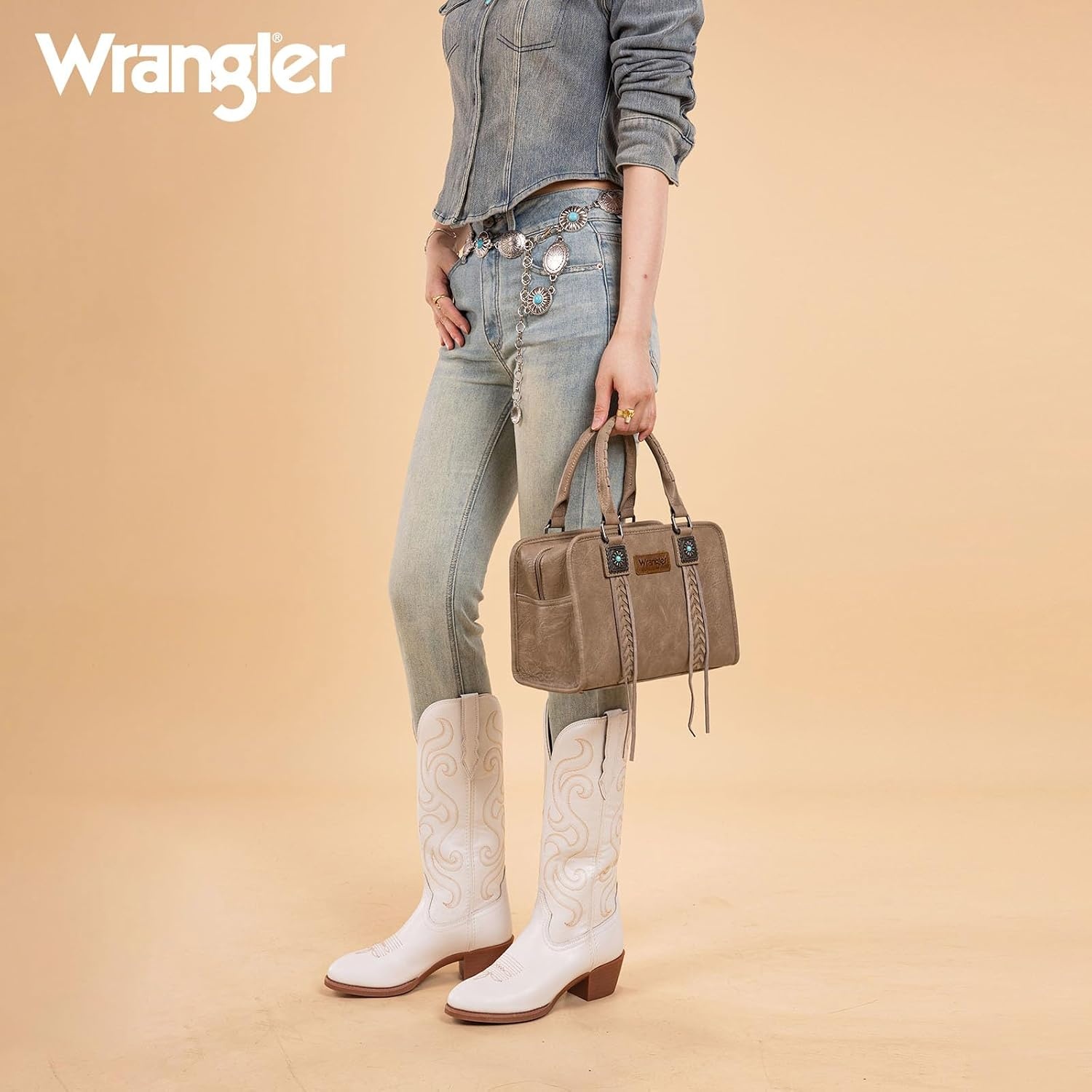 image:imageWrangler Tote Bag for Women Crossbody Purse Fringe Western Purse Vintage Top Handle HandbagsKhaki