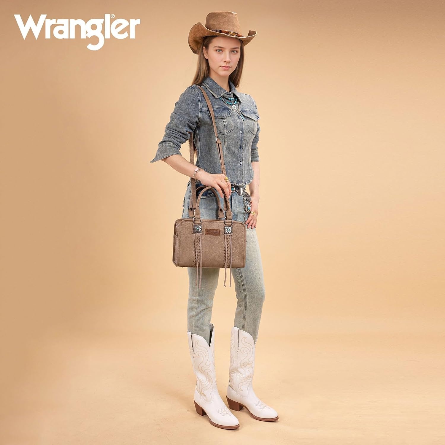 image:imageWrangler Tote Bag for Women Crossbody Purse Fringe Western Purse Vintage Top Handle HandbagsKhaki