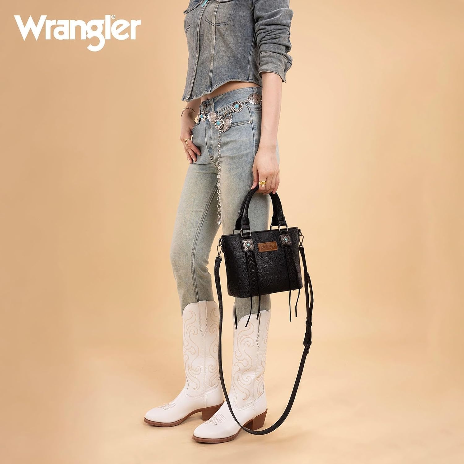 image:imageWrangler Tote Bag for Women Crossbody Purse Fringe Western Purse Vintage Top Handle HandbagsRetro Black