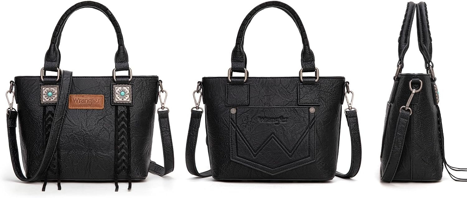 image:imageWrangler Tote Bag for Women Crossbody Purse Fringe Western Purse Vintage Top Handle HandbagsRetro Black