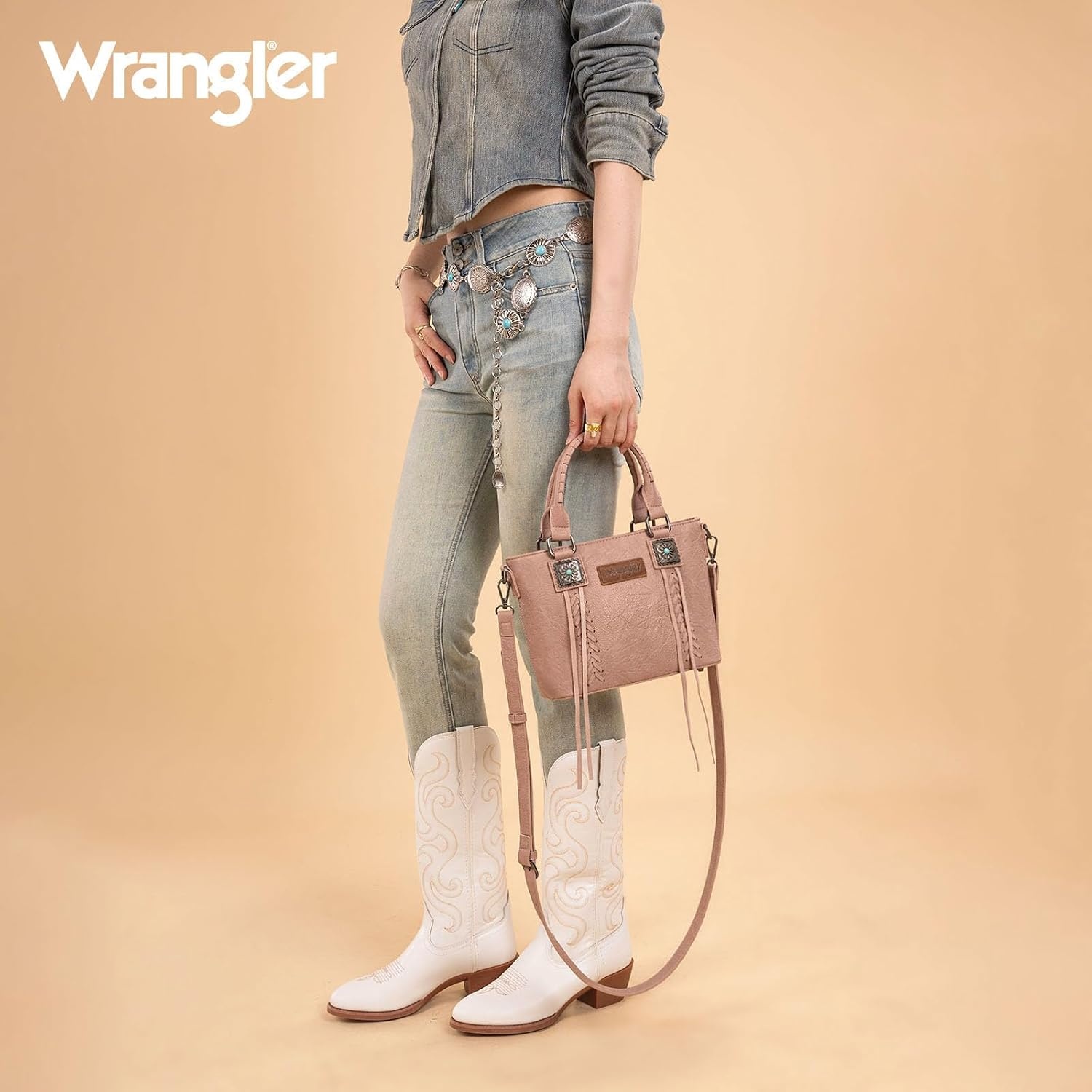 image:imageWrangler Tote Bag for Women Crossbody Purse Fringe Western Purse Vintage Top Handle HandbagsRetro Pink