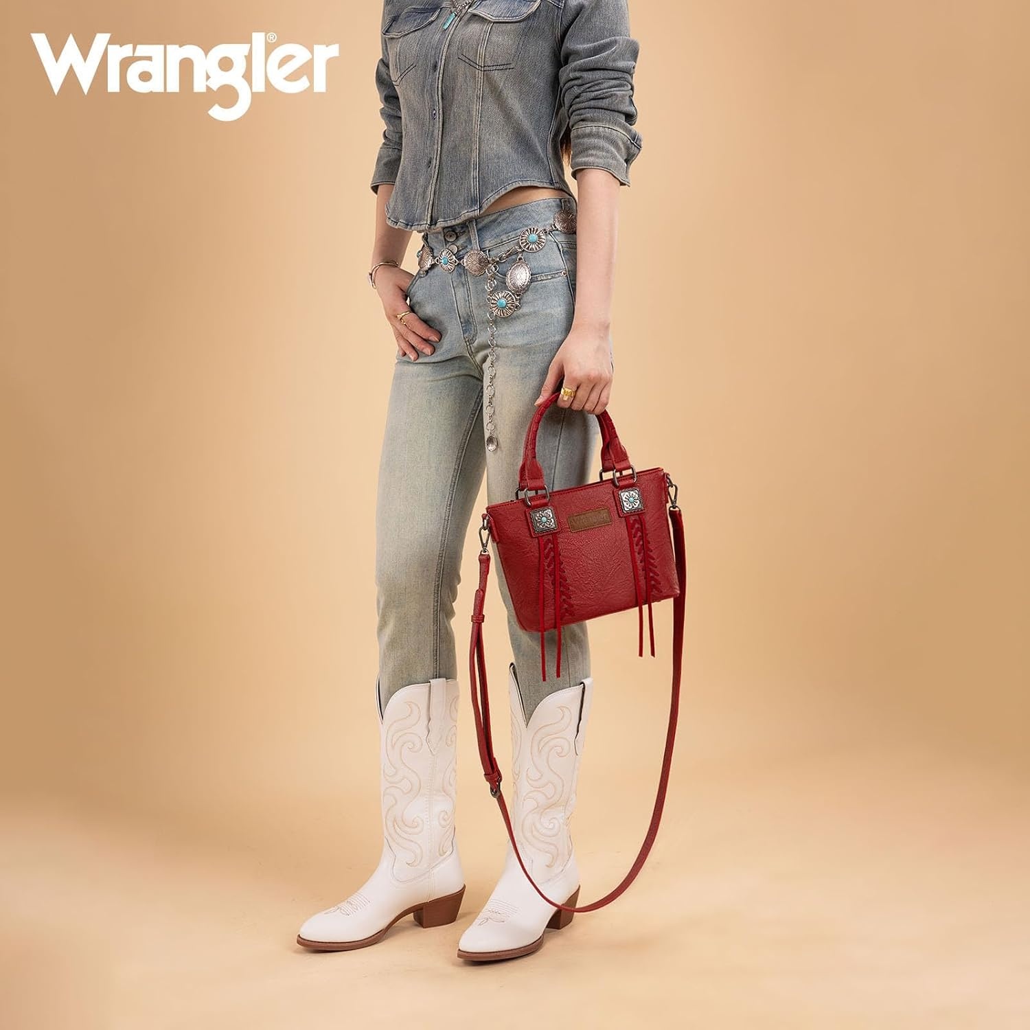 image:imageWrangler Tote Bag for Women Crossbody Purse Fringe Western Purse Vintage Top Handle HandbagsRetro Red