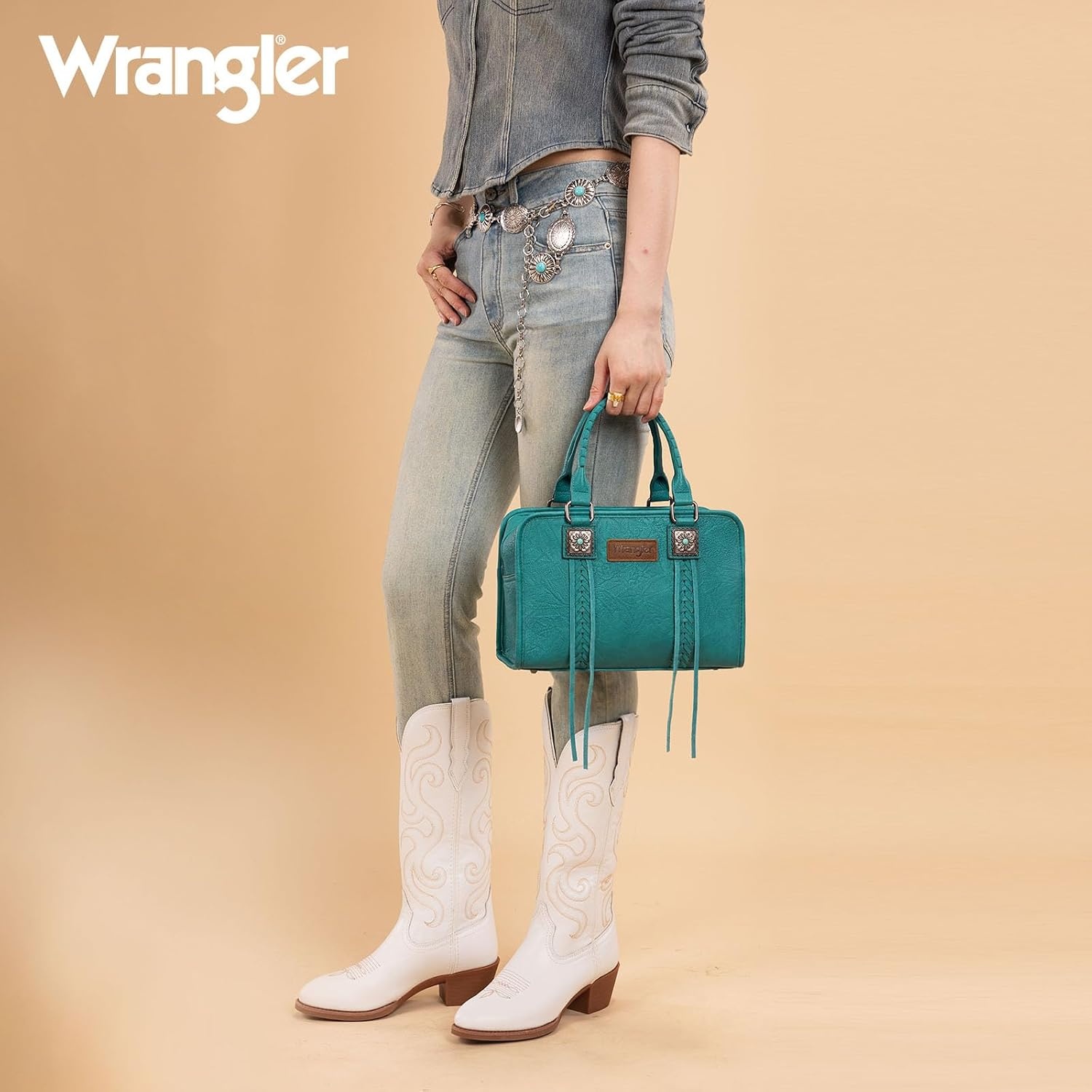 image:imageWrangler Tote Bag for Women Crossbody Purse Fringe Western Purse Vintage Top Handle HandbagsTurquoise