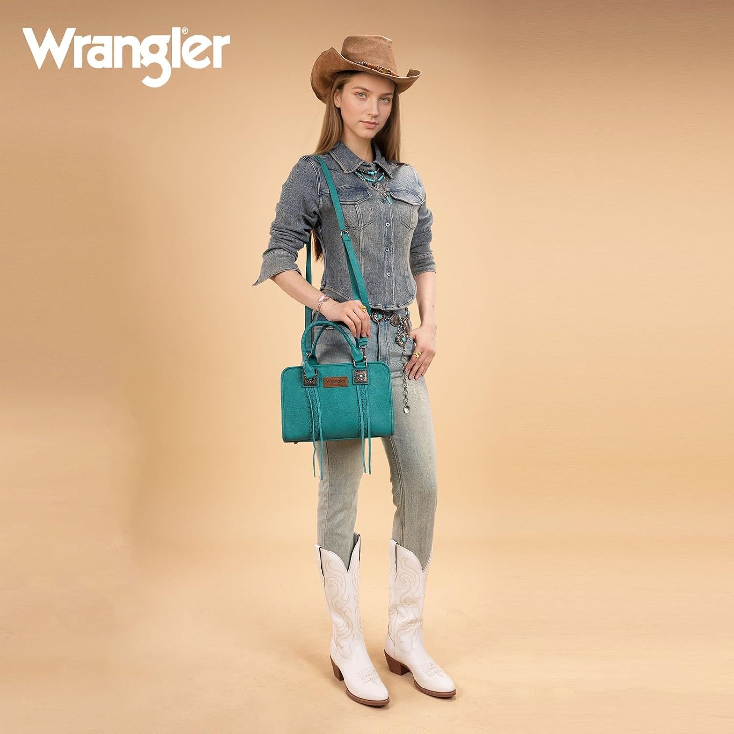 image:imageWrangler Tote Bag for Women Crossbody Purse Fringe Western Purse Vintage Top Handle HandbagsTurquoise
