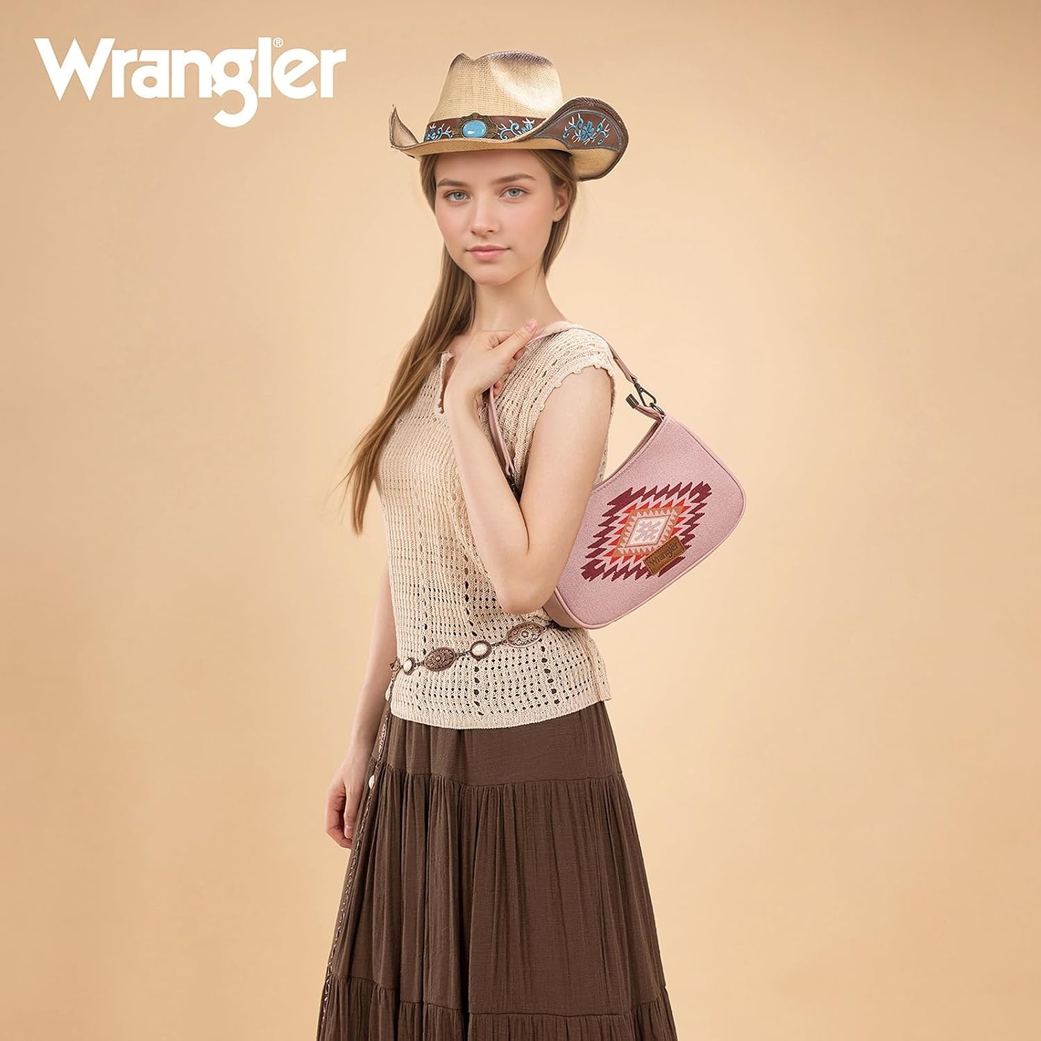 image:imageWrangler Western Shoulder Bag for Women Small Purse Aztec Hobo Bag HandBag with Detachable StrapBpink