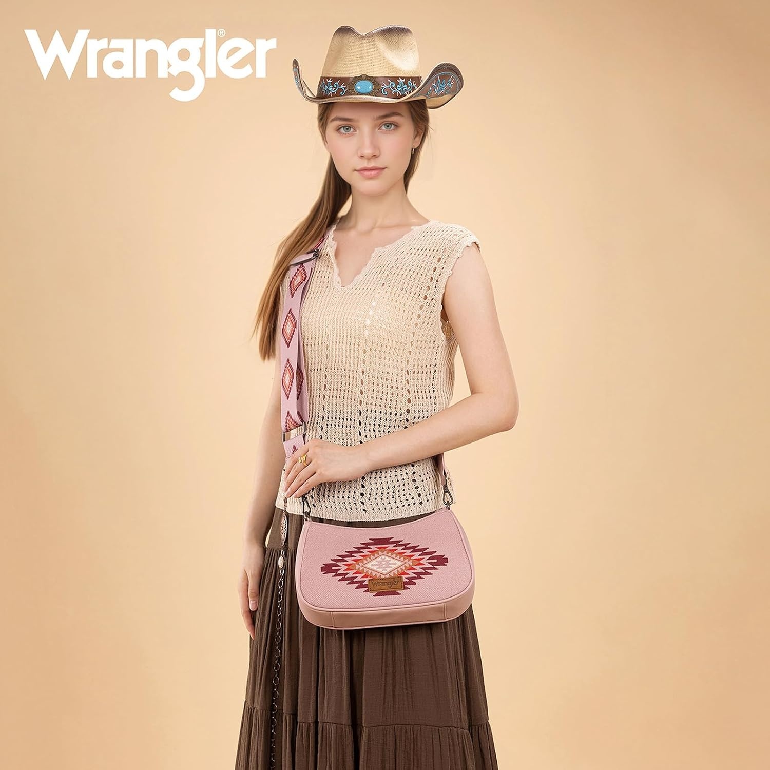 image:imageWrangler Western Shoulder Bag for Women Small Purse Aztec Hobo Bag HandBag with Detachable StrapBpink