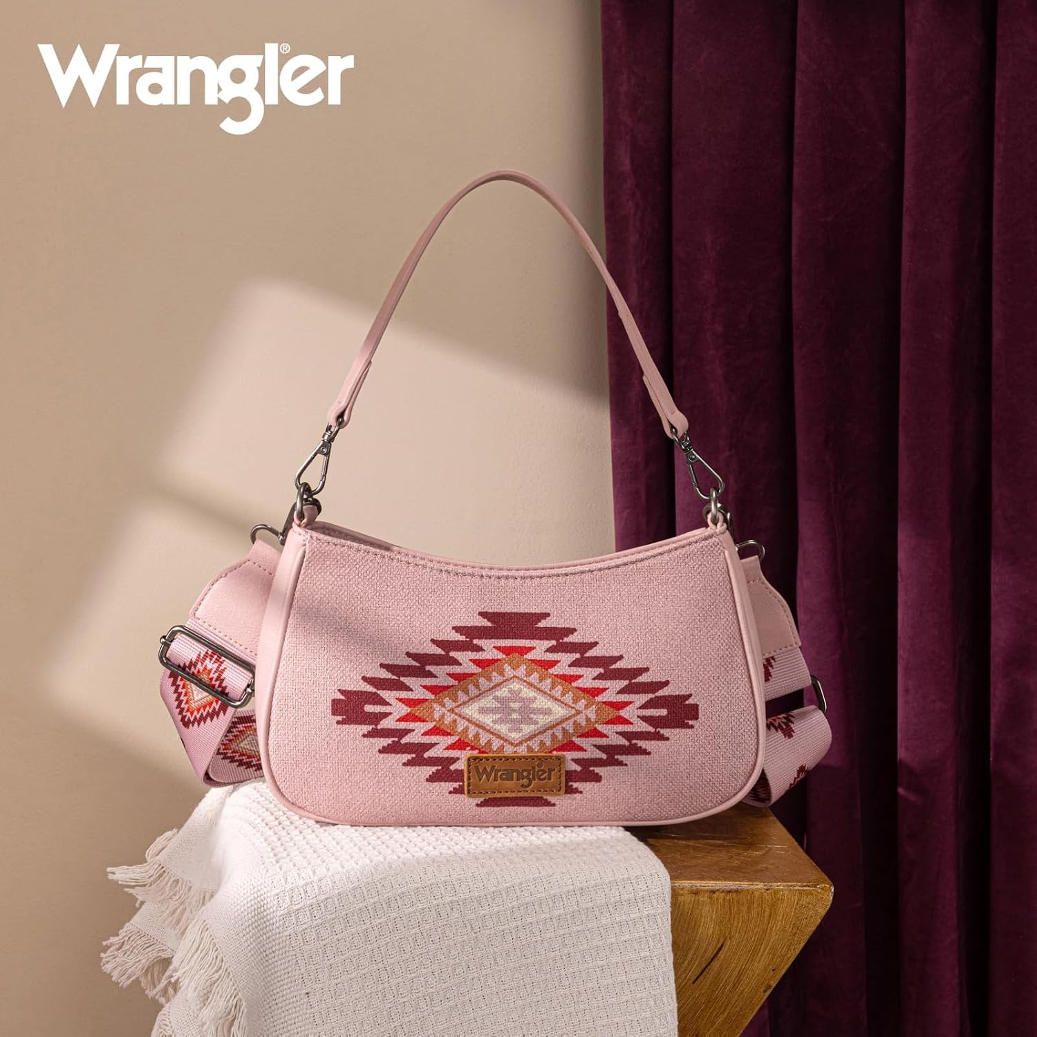 image:imageWrangler Western Shoulder Bag for Women Small Purse Aztec Hobo Bag HandBag with Detachable StrapBpink