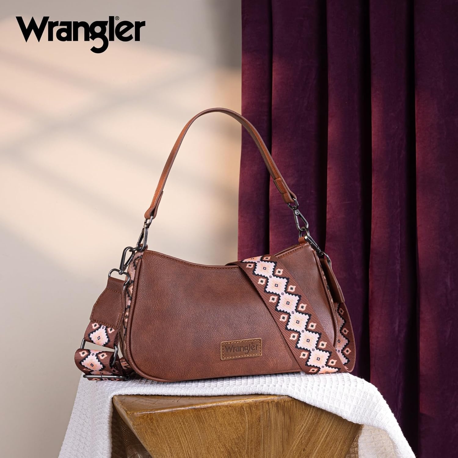 image:imageWrangler Western Shoulder Bag for Women Small Purse Aztec Hobo Bag HandBag with Detachable StrapDark Brown