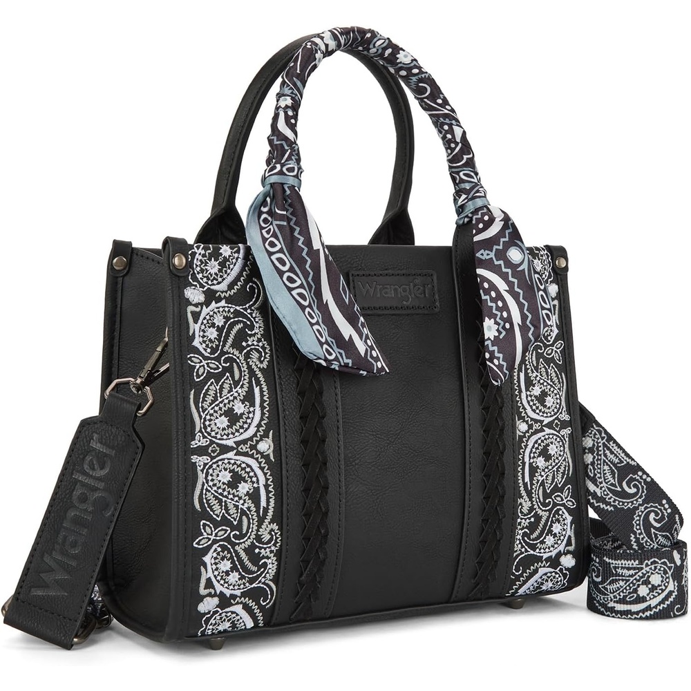 image:imageMontana West Wrangler Desert Paisley Tote Bag for Women Floral Embroidered Top Handle Handbags with BandanaBlack