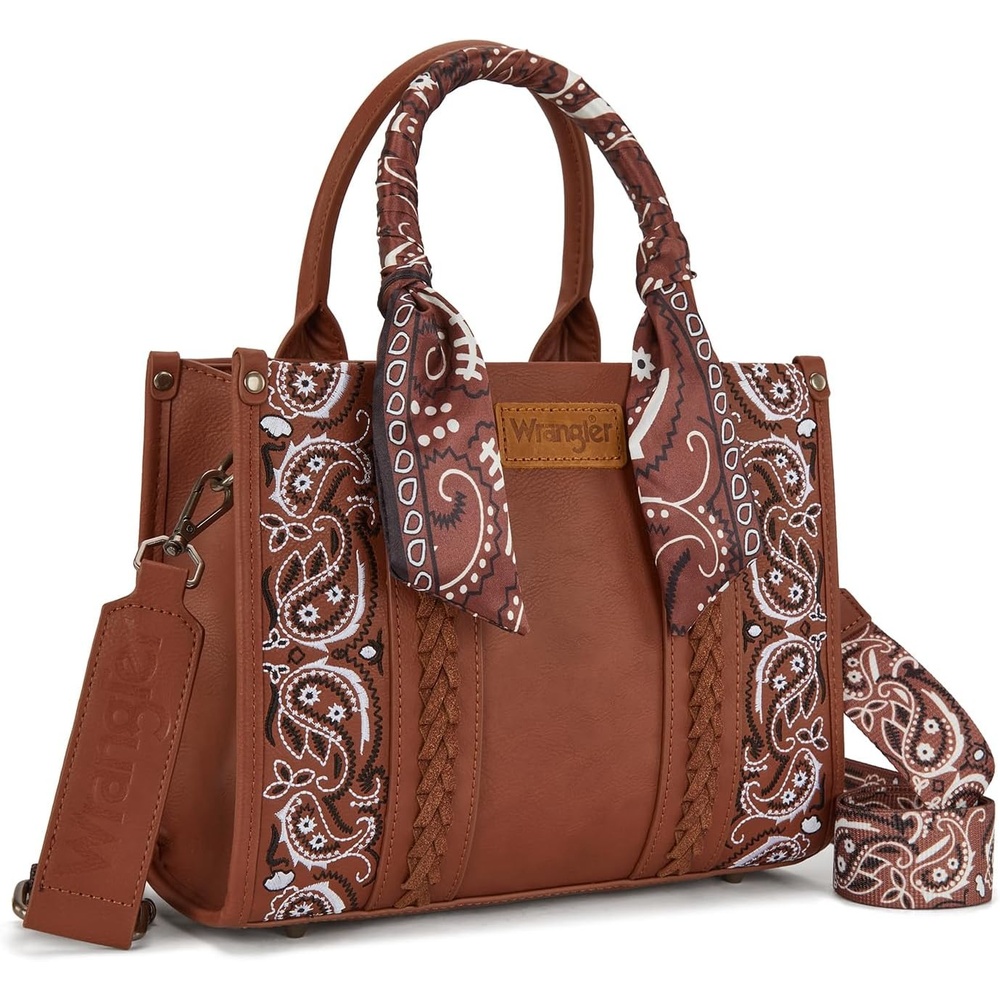 image:imageMontana West Wrangler Desert Paisley Tote Bag for Women Floral Embroidered Top Handle Handbags with BandanaBrown