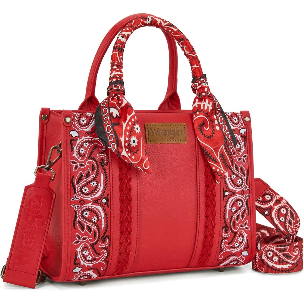 image:imageMontana West Wrangler Desert Paisley Tote Bag for Women Floral Embroidered Top Handle Handbags with BandanaRed