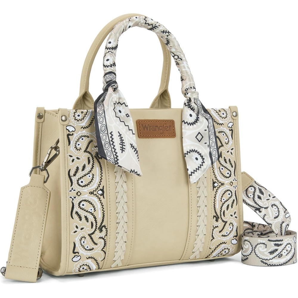 image:imageMontana West Wrangler Desert Paisley Tote Bag for Women Floral Embroidered Top Handle Handbags with BandanaTan
