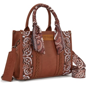 Montana West Wrangler Desert Paisley Tote Bag for Women Floral Embroidered Top Handle Handbags with Bandana(Brown)