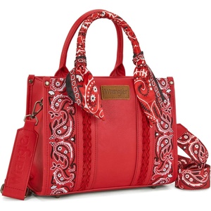 Montana West Wrangler Desert Paisley Tote Bag for Women Floral Embroidered Top Handle Handbags with Bandana(Red)