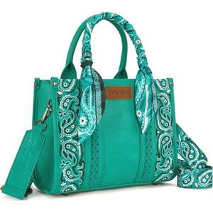 Montana West Wrangler Desert Paisley Tote Bag for Women Floral Embroidered Top Handle Handbags with Bandana(Turquoise)
