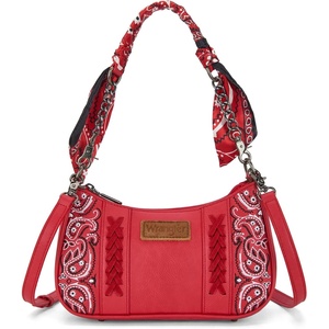 Wrangler Shoulder Bag for Women Western Desert Paisley Purse Floral Embroidered Underarm Handbag with Bandana(Red)