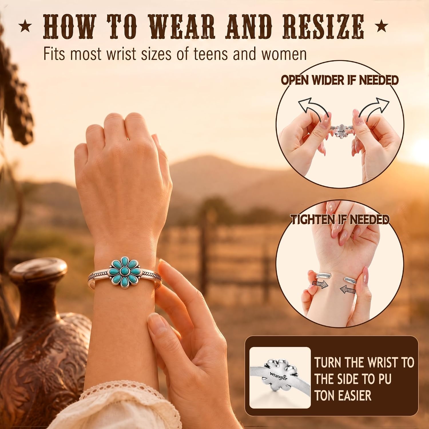 image:imageMontana West Wrangler Western HandEngraved Floral Cuff Bracelet for Women Adjustable Silver Plated Bangle with Turquoise Stone amp Openwork Design ARWGACBC114SLTQ