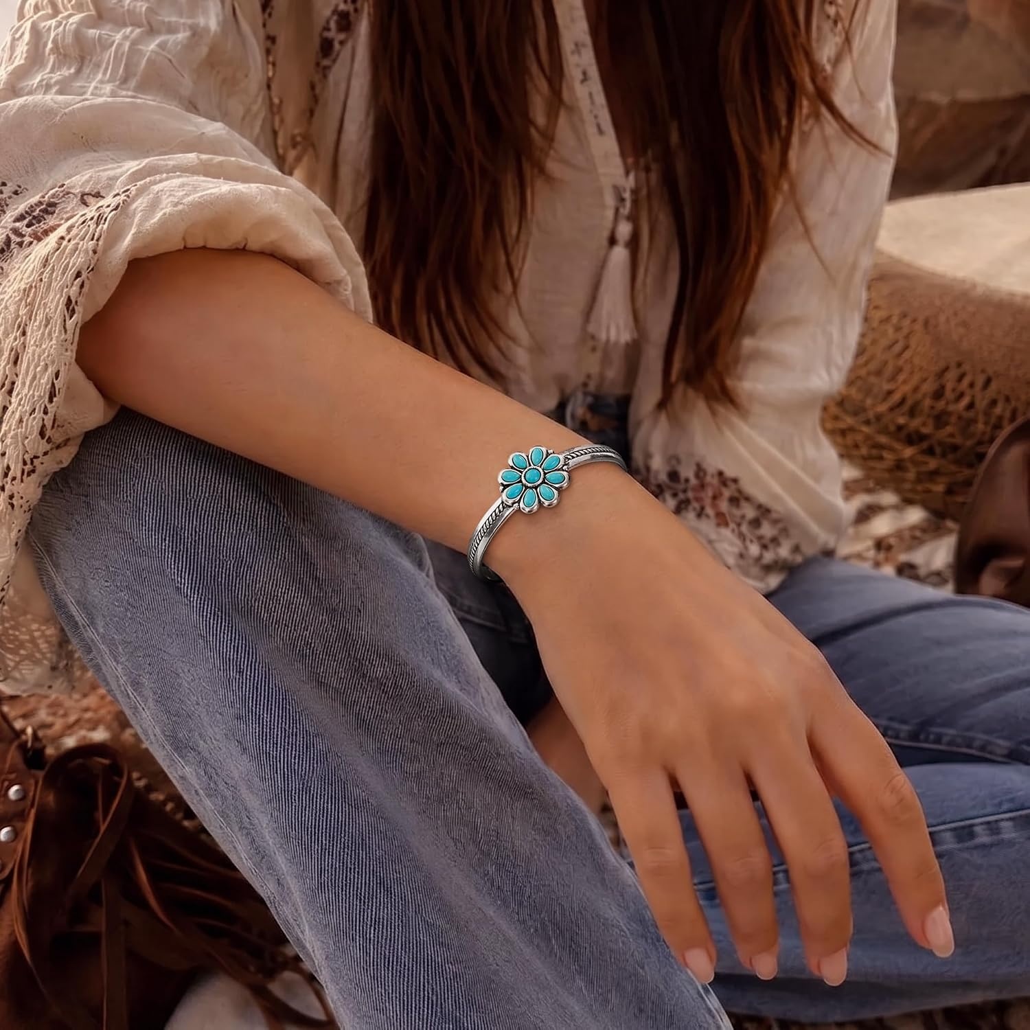 image:imageMontana West Wrangler Western HandEngraved Floral Cuff Bracelet for Women Adjustable Silver Plated Bangle with Turquoise Stone amp Openwork Design ARWGACBC114SLTQ