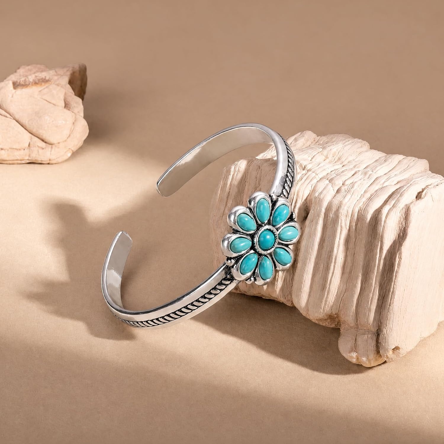 image:imageMontana West Wrangler Western HandEngraved Floral Cuff Bracelet for Women Adjustable Silver Plated Bangle with Turquoise Stone amp Openwork Design ARWGACBC114SLTQ