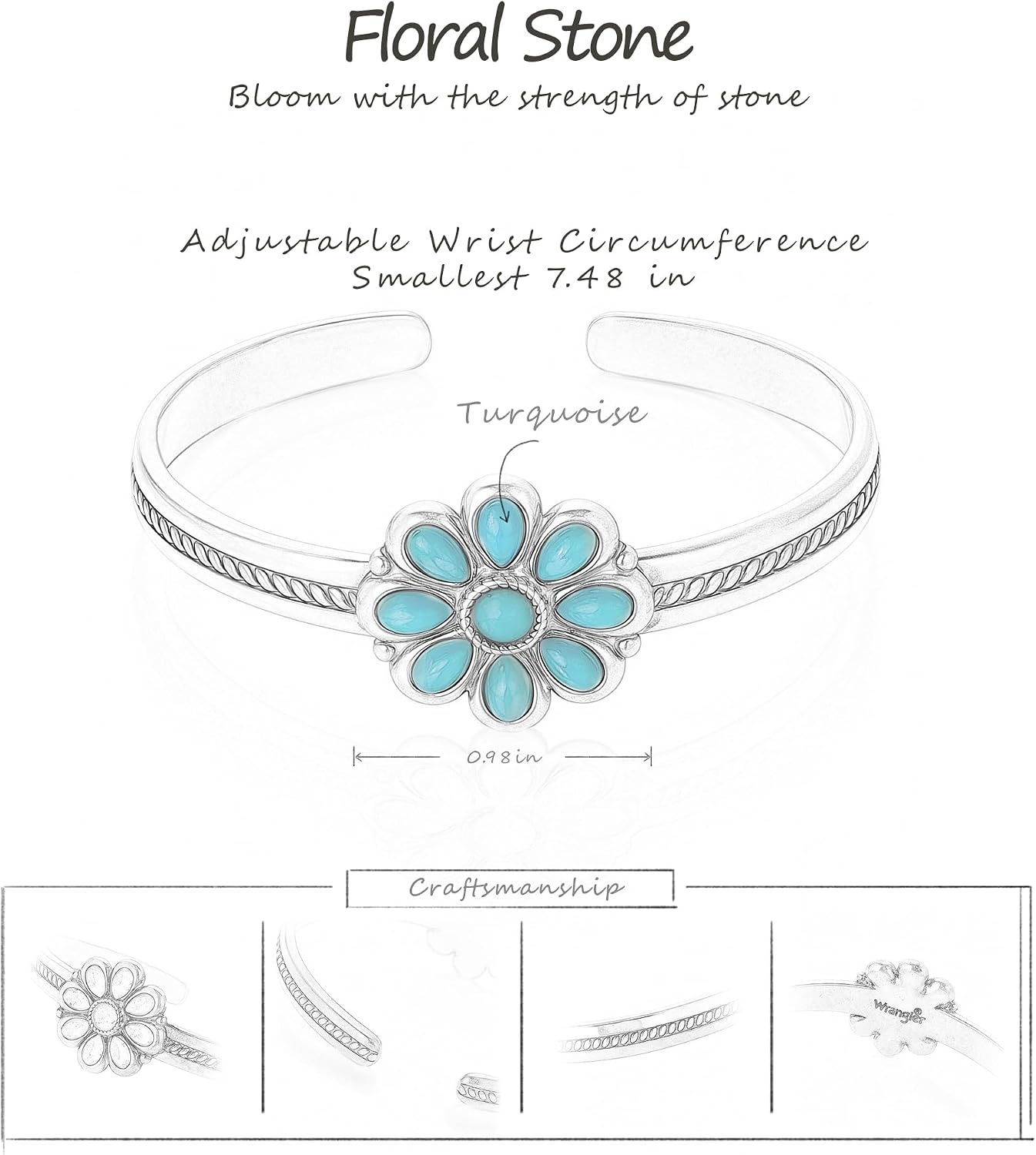 image:imageMontana West Wrangler Western HandEngraved Floral Cuff Bracelet for Women Adjustable Silver Plated Bangle with Turquoise Stone amp Openwork Design ARWGACBC114SLTQ