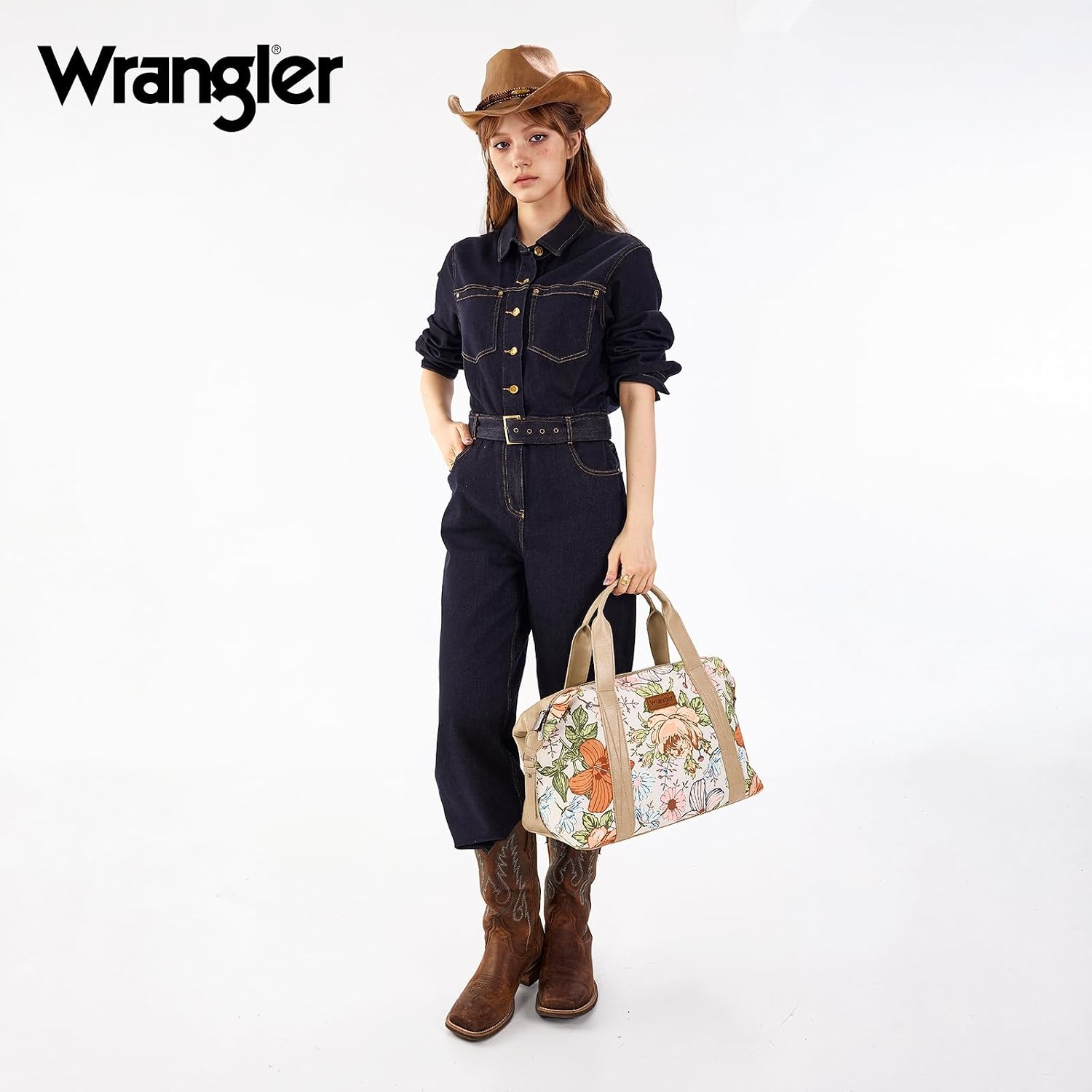 image:imageWrangler Duffel Bag for Women Large Travel Weekender Bag Designer Tapestry Carry On Bags KhakiCanvas CottonFlower