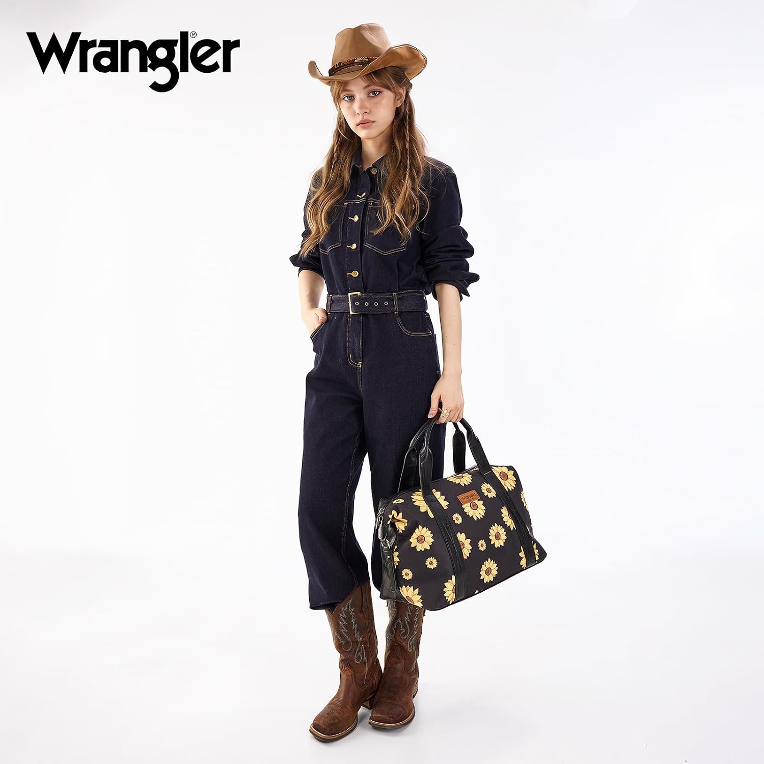image:imageWrangler Duffel Bag for Women Large Travel Weekender Bag Designer Tapestry Carry On Bags KhakiCanvas CottonSunflower