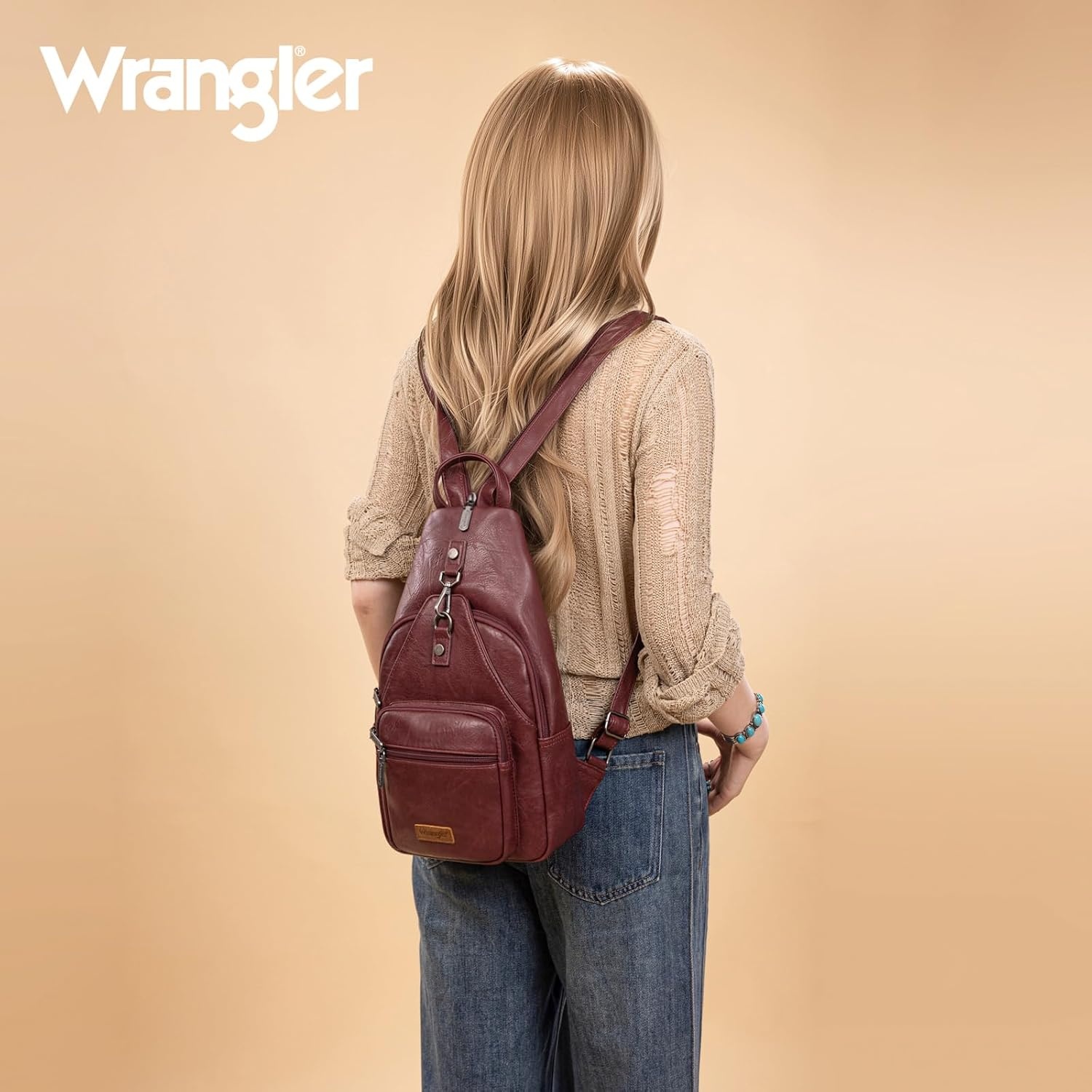 image:imageMontana West Wrangler Convertible Backpack for Women Vintage Shoulder Purses with Adjustable Sling Backpack StrapBurgundy