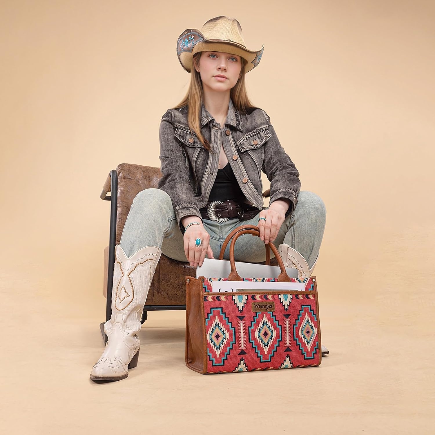 image:imageWrangler Tote Bag for Women Western Canvas Laptop Totes Bag with Adjustable Shoulder Straps and Zipper Closure for WorkLarge Burgundy Red