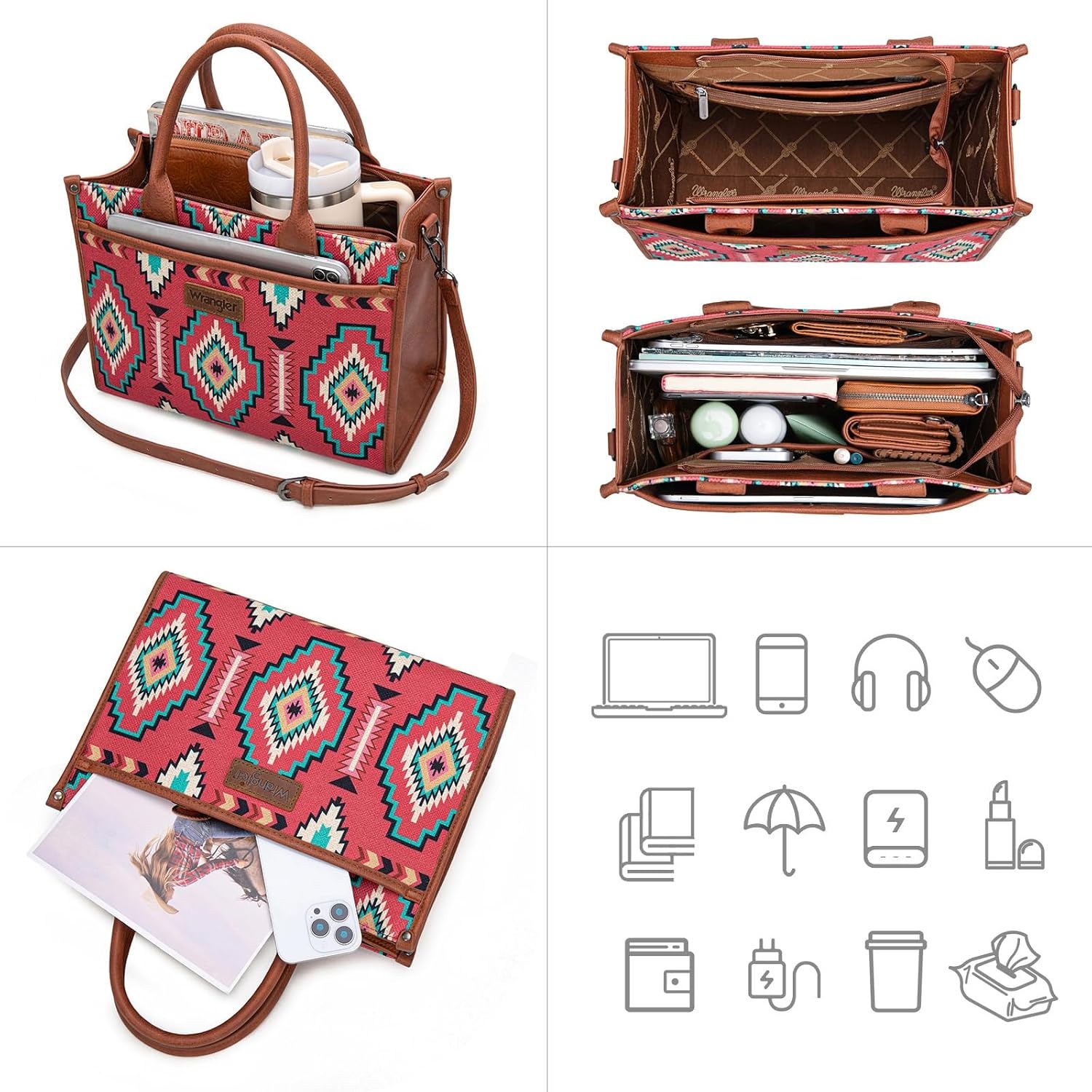 image:imageWrangler Tote Bag for Women Western Canvas Laptop Totes Bag with Adjustable Shoulder Straps and Zipper Closure for WorkLarge Burgundy Red