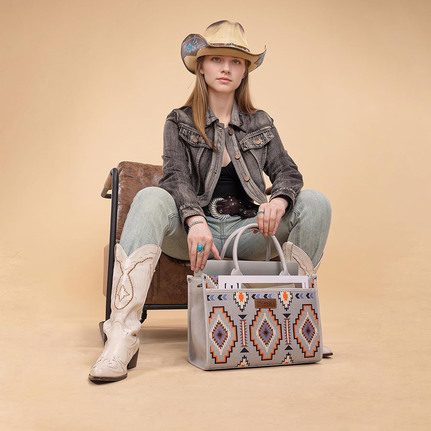 image:imageWrangler Tote Bag for Women Western Canvas Laptop Totes Bag with Adjustable Shoulder Straps and Zipper Closure for WorkLarge Grey