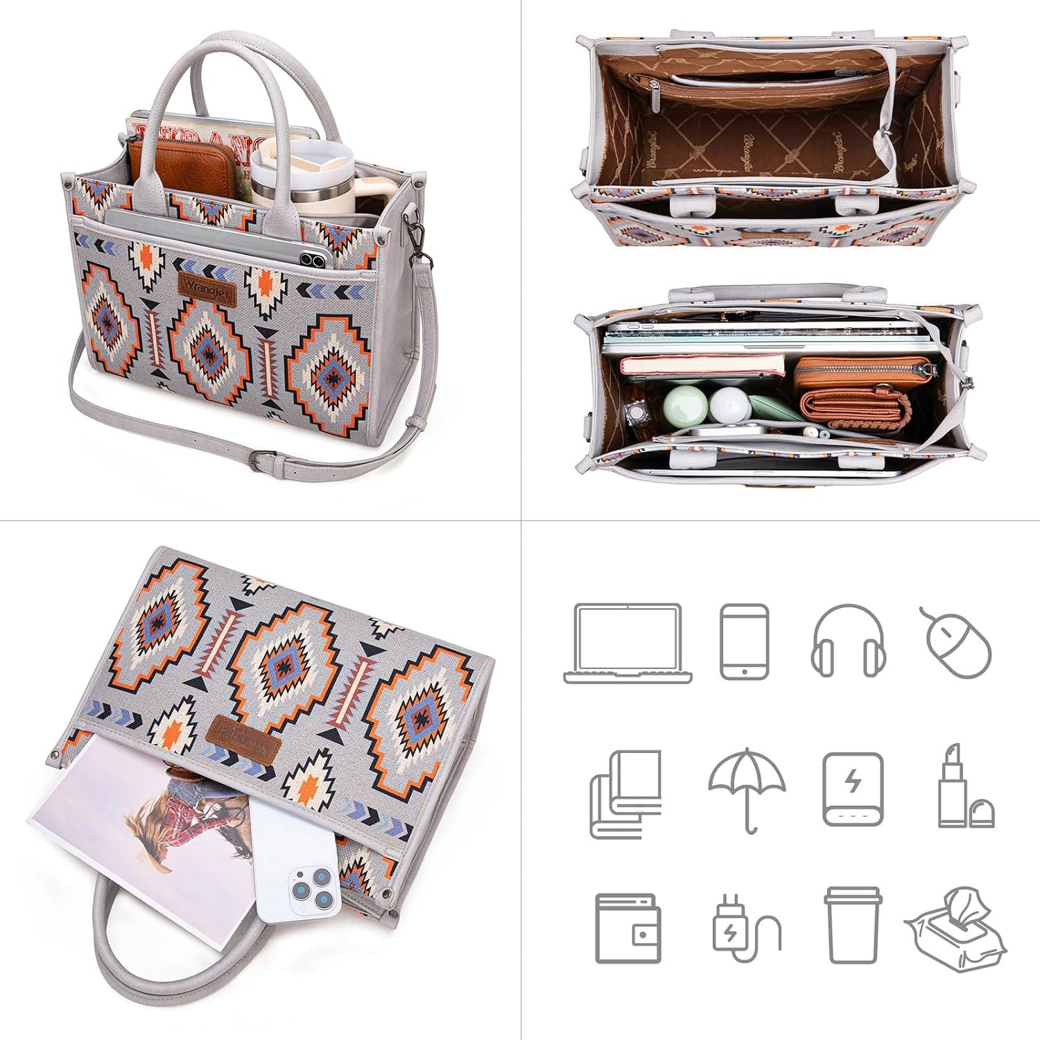image:imageWrangler Tote Bag for Women Western Canvas Laptop Totes Bag with Adjustable Shoulder Straps and Zipper Closure for WorkLarge Grey
