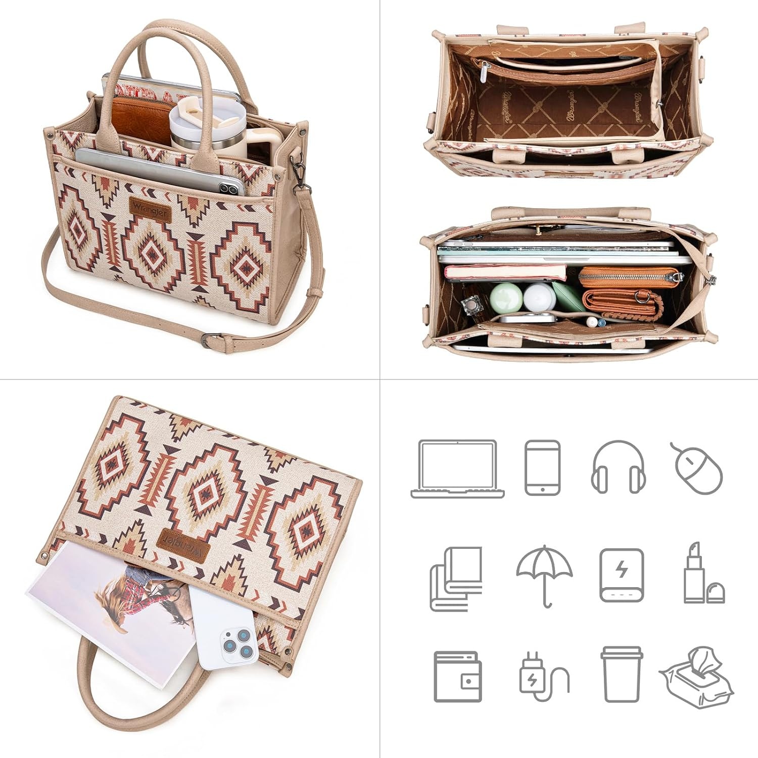 image:imageWrangler Tote Bag for Women Western Canvas Laptop Totes Bag with Adjustable Shoulder Straps and Zipper Closure for WorkLarge Tan