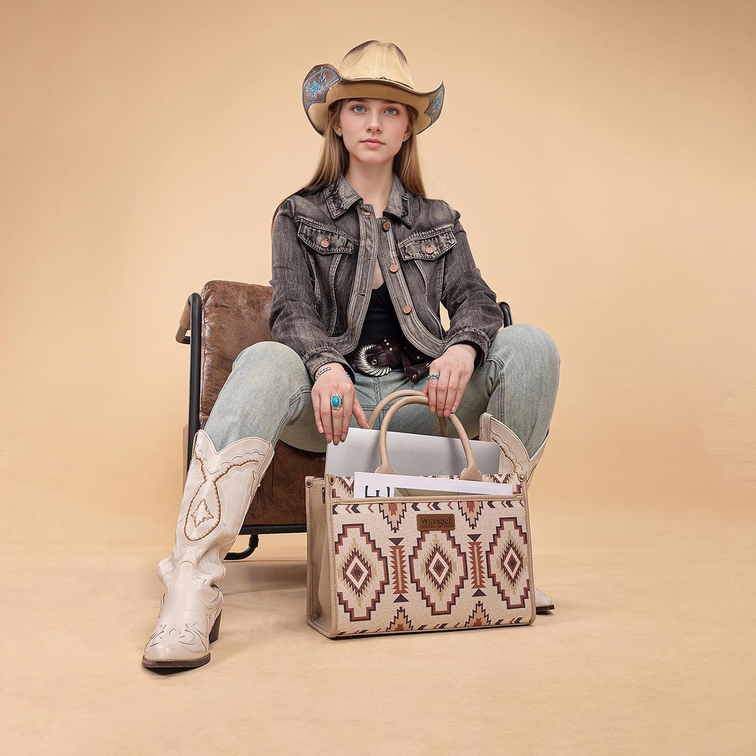 image:imageWrangler Tote Bag for Women Western Canvas Laptop Totes Bag with Adjustable Shoulder Straps and Zipper Closure for WorkLarge Tan