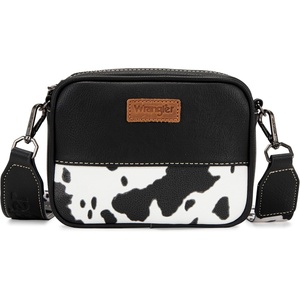 Wrangler Crossbody Bags for Women Western Mini Purses with Guitar Strap(Black With Cow Print)