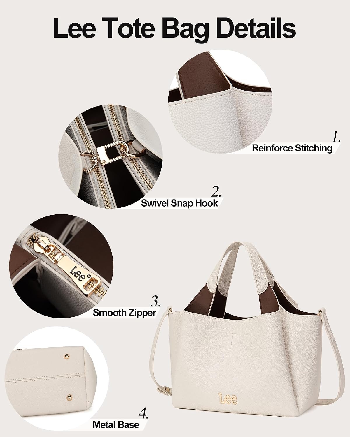 image:imageLee Womens TopHandle Handbags Leather Tote Bag with Two Detachable PurseBeige