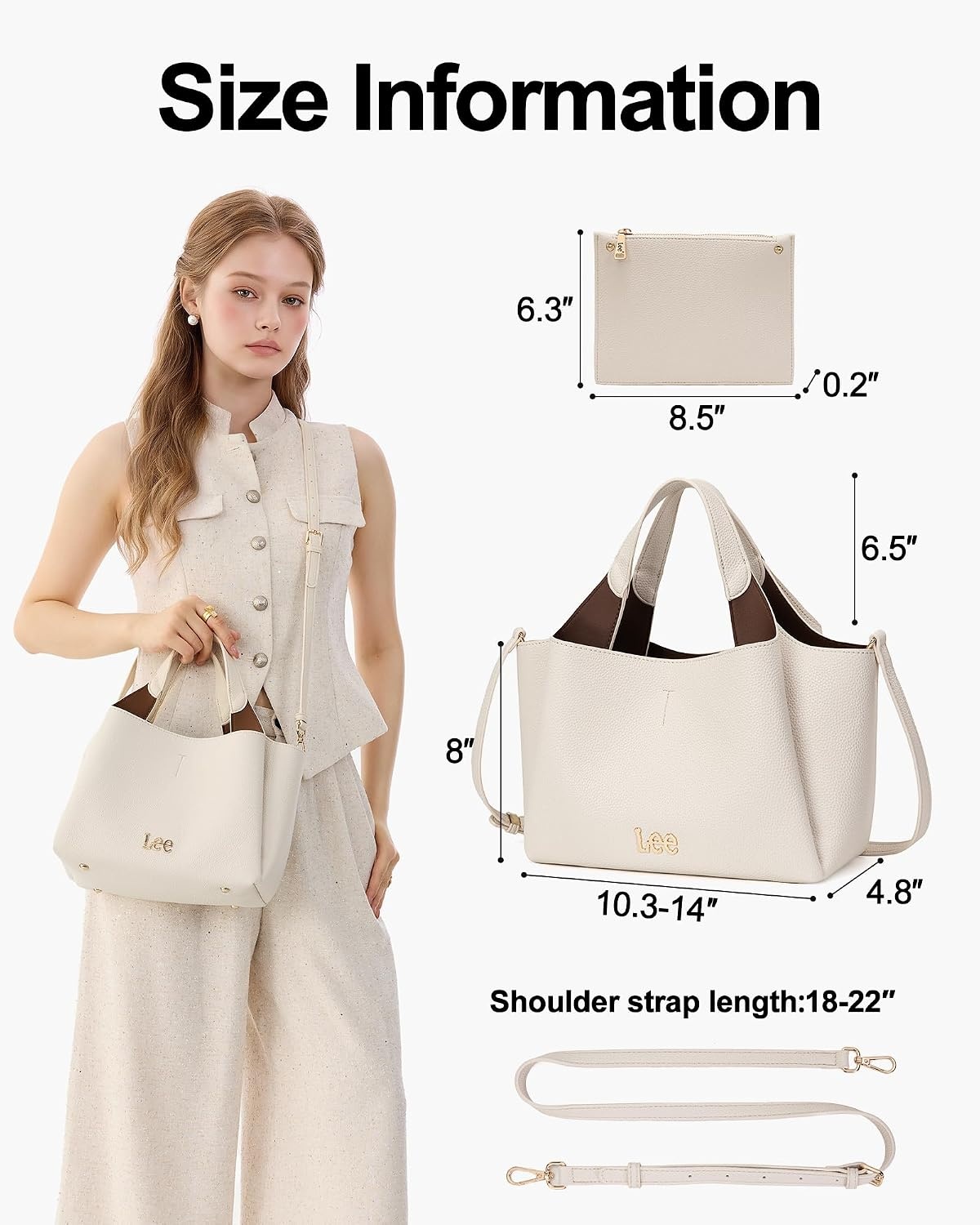 image:imageLee Womens TopHandle Handbags Leather Tote Bag with Two Detachable PurseBeige