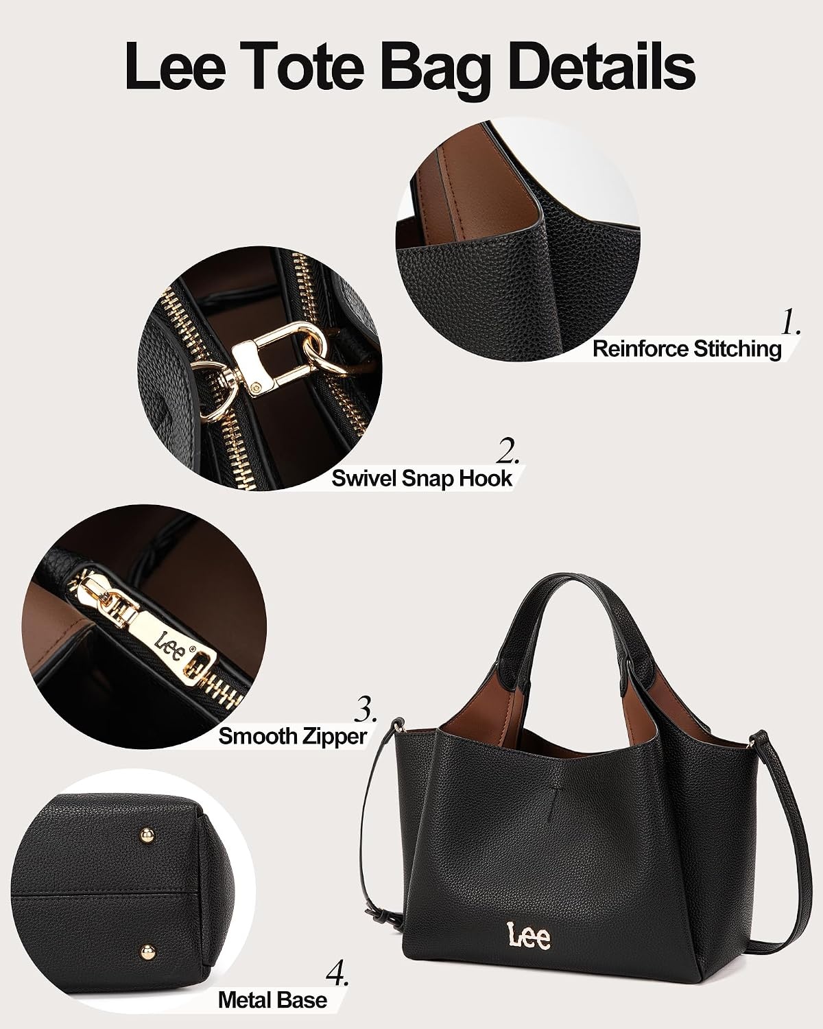image:imageLee Womens TopHandle Handbags Leather Tote Bag with Two Detachable PurseBlack